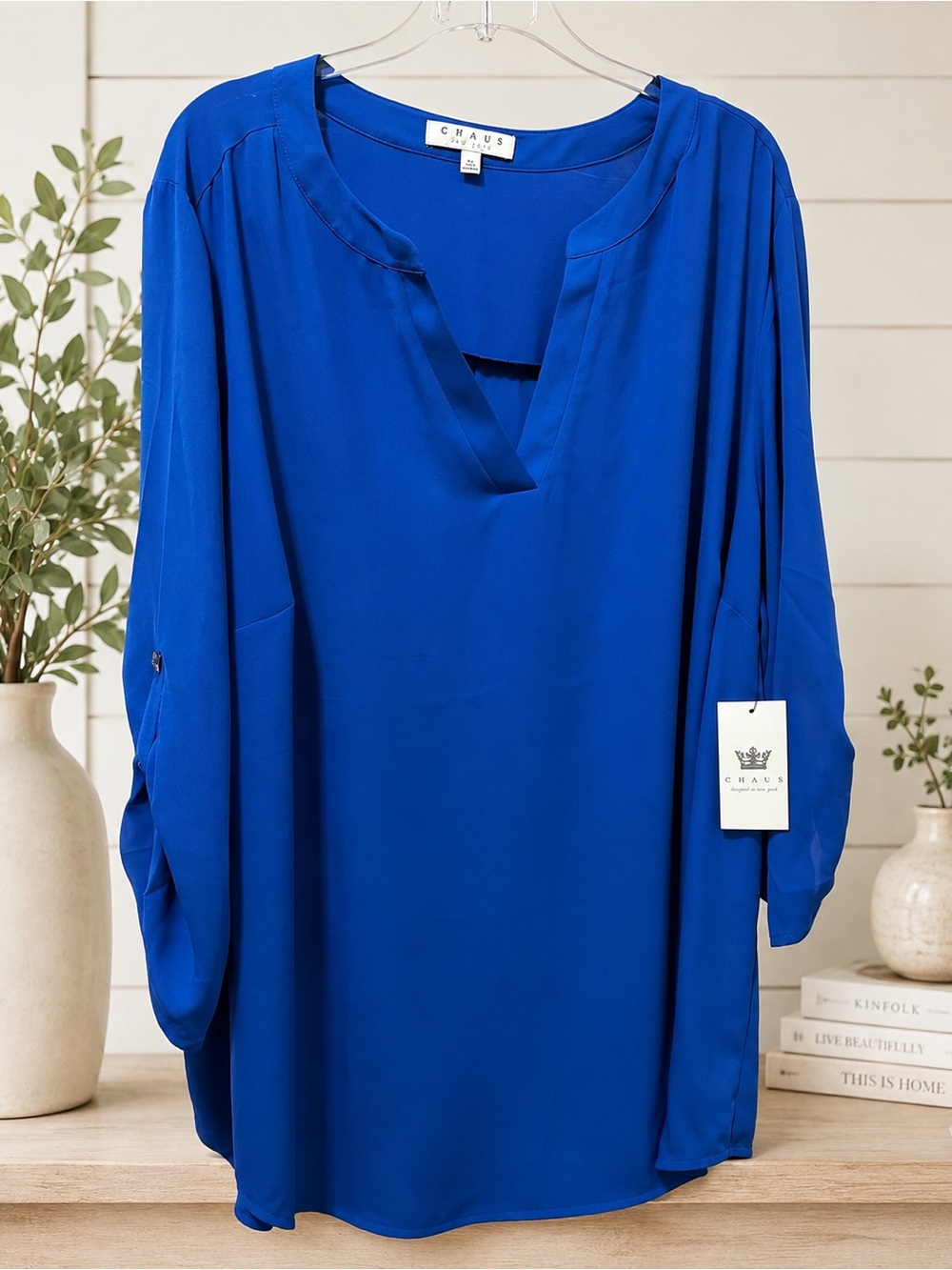 Chaus Cobalt Blue Split-Neck Tunic Blouse